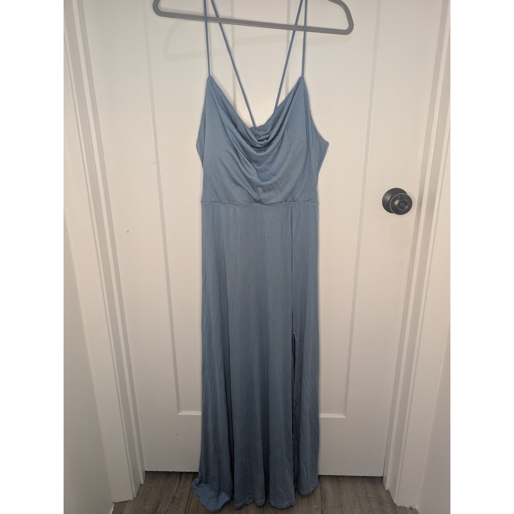Halara Womens Large Blue Cowl Neck Maxi Dress Cinch Back Lace Up Slit Sleeveless